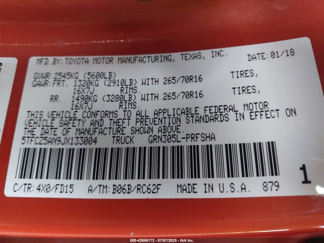 5TFCZ5AN9JX133004 Toyota 2gr-fks