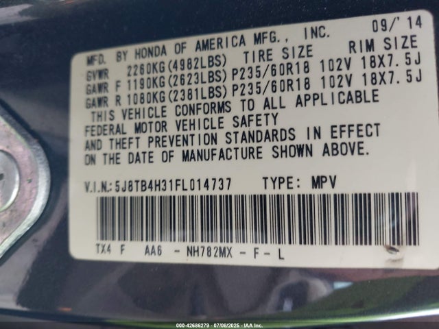 Acura j35z2 2015 5J8TB4H31FL014737 Image 9