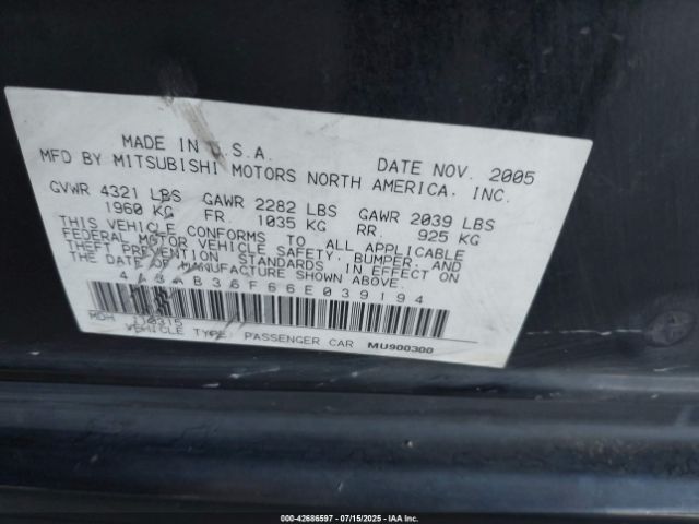 2006 MITSUBISHI GALANT 4A3AB36F66E039194 Photo 8
