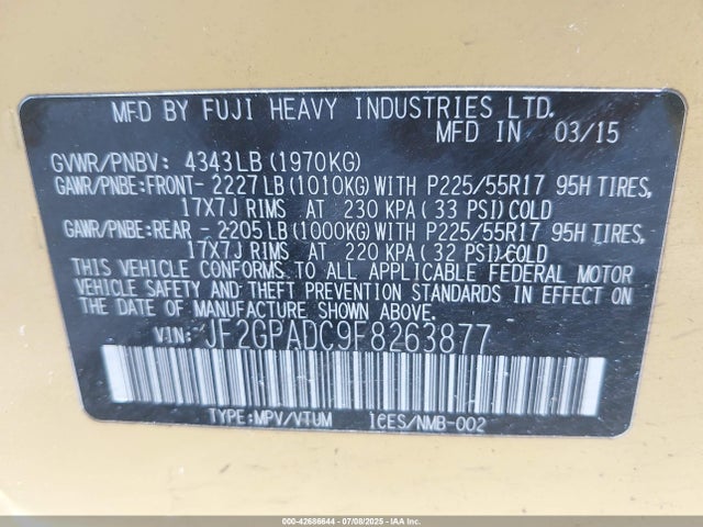 JF2GPADC9F8263877 Subaru 2.0l naturally aapirated