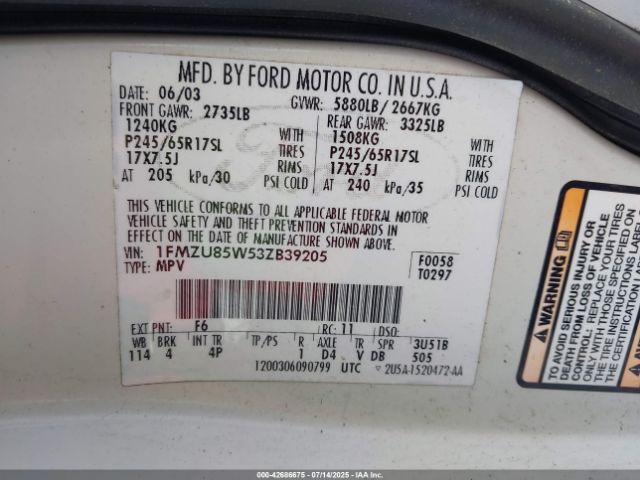 2003 FORD EXPLORER 1FMZU85W53ZB39205 Photo 8