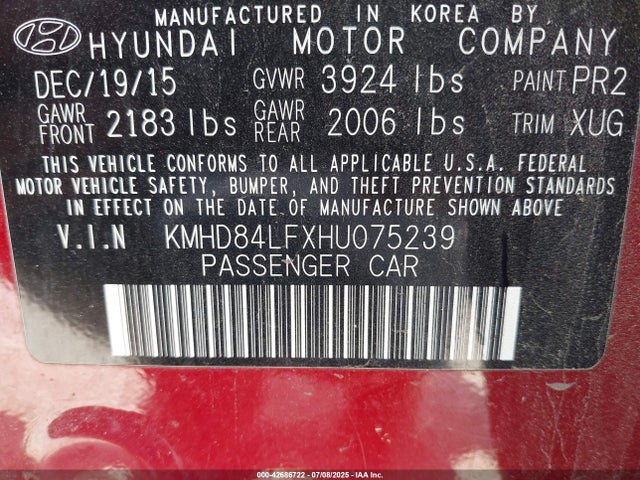 KMHD84LFXHU075239 Hyundai 2017
