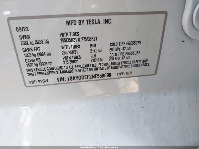 Tesla 2022 2022 7SAYGDEF2NF558690 Image 9