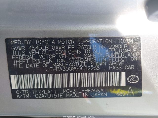 2005 LEXUS ES 330 JTHBA30G855082265 Photo 8