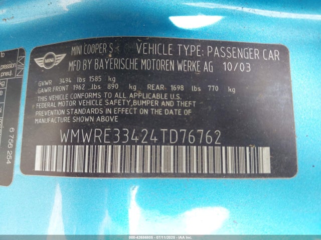 2004 MINI COOPER S WMWRE33424TD76762 Photo 8