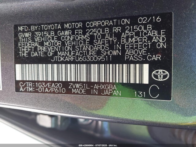 JTDKARFU6G3009511 Toyota 2zr-fxe,1nm