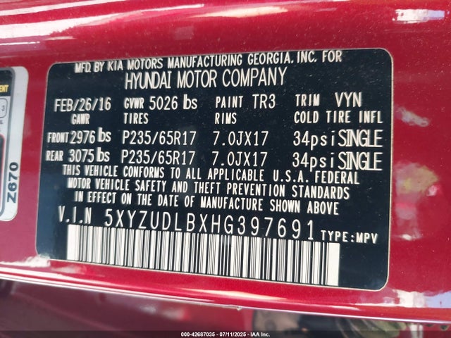 5XYZUDLBXHG397691 Hyundai gdi theta ii
