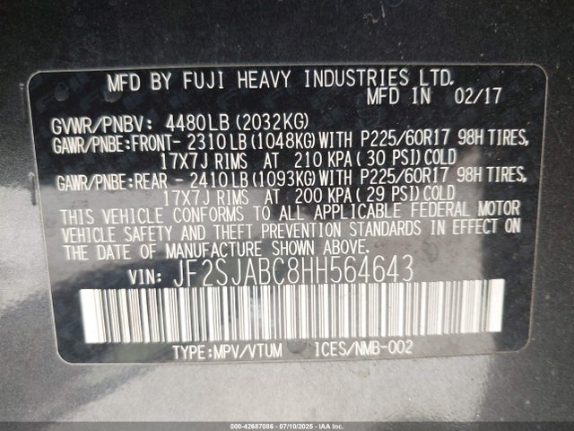 Subaru naturally aspirated u5 2017 JF2SJABC8HH564643 Image 9