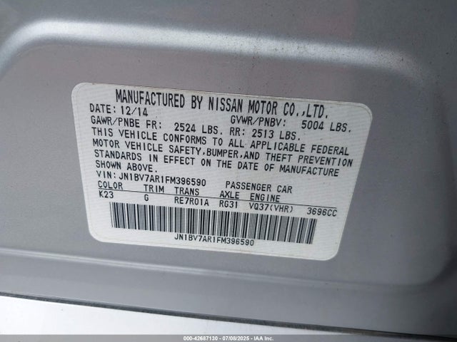 Aukcja sprzedaży 2015 Infiniti Q50, vin: JN1BV7AR1FM396590, numer aukcji: 42687130
