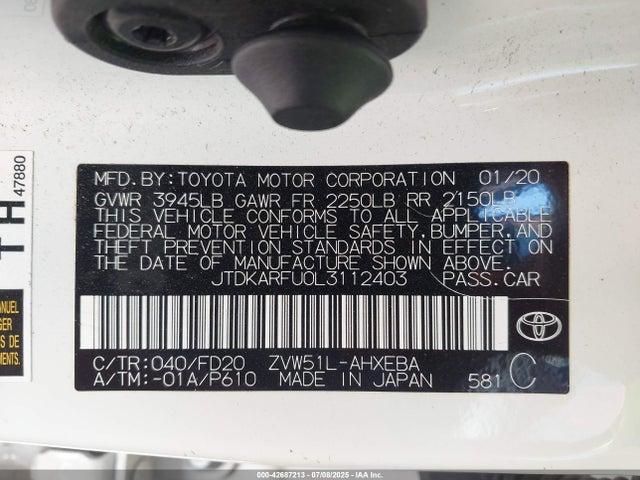 JTDKARFU0L3112403 Toyota 2zr-fxe,1nm+1mm