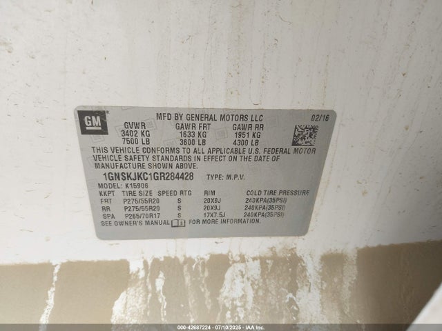1GNSKJKC1GR284428 Chevrolet l83 - sidi, vvt, afm, e85 max, aluminum