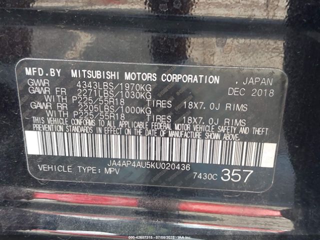 2019 MITSUBISHI OUTLANDER SPORT JA4AP4AU5KU020436 Photo 8