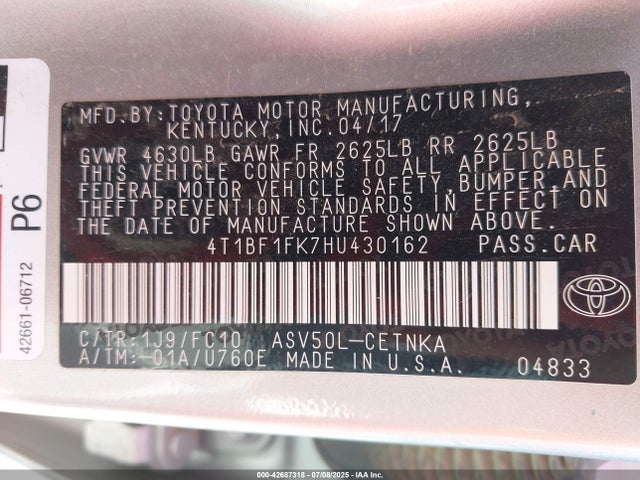 4T1BF1FK7HU430162 Toyota 2ar-fe