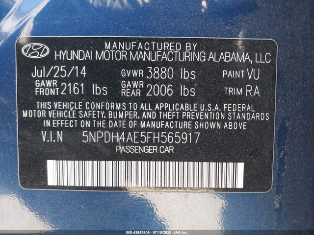 Hyundai dohc mpi nu 2015 5NPDH4AE5FH565917 Image 9