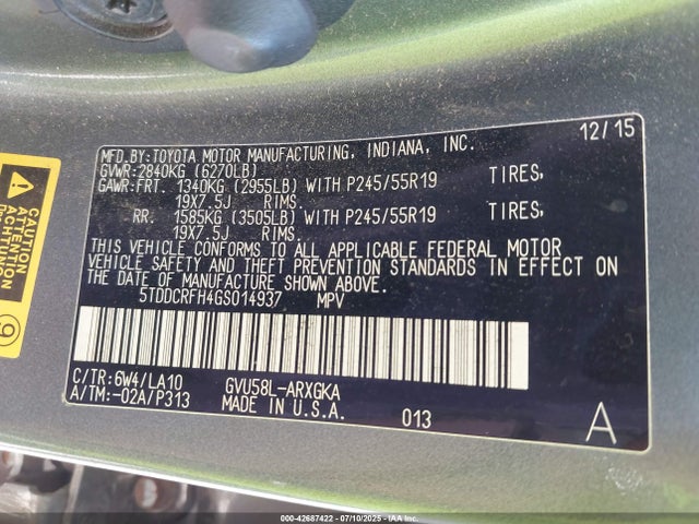 5TDDCRFH4GS014937 Toyota 2gr-fxe, 4jm, 2fm