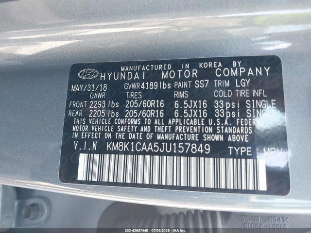 KM8K1CAA5JU157849 Hyundai mpi nu