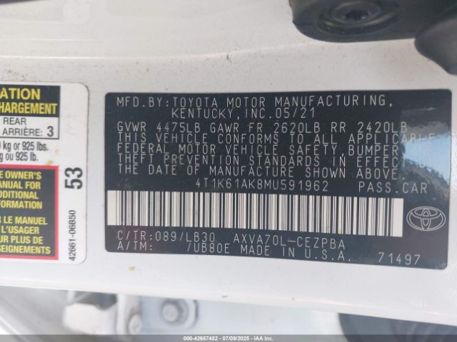 2021 TOYOTA CAMRY 4T1K61AK8MU591962 Photo 8