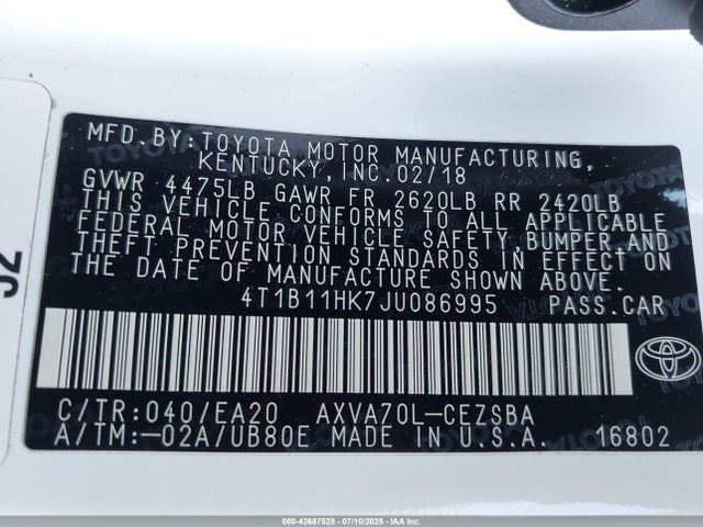 4T1B11HK7JU086995 Toyota a25a-fks