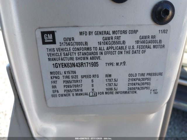 2003 CADILLAC ESCALADE 1GYEK63N43R171905 Photo 8