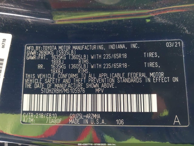 5TDHZRBH7MS105976 Toyota 2gr-fks