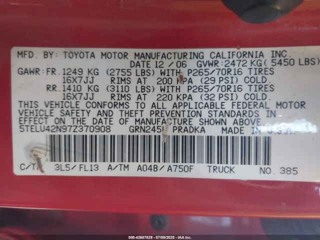 2007 TOYOTA TACOMA 5TELU42N97Z370908 Photo 8
