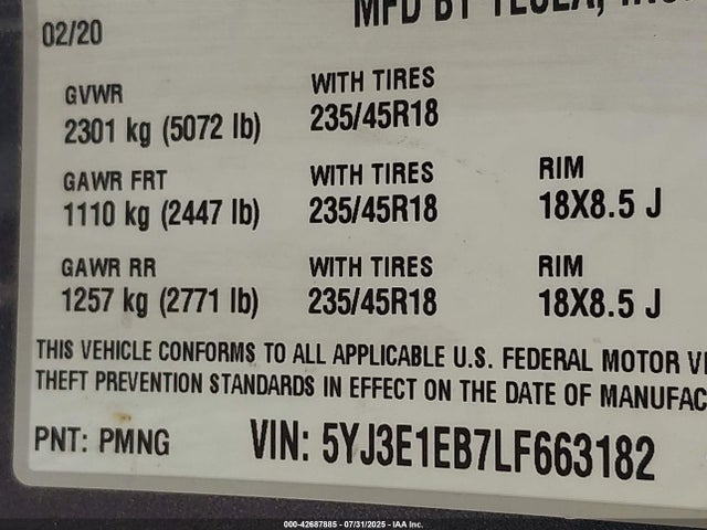 2020 TESLA MODEL 3 5YJ3E1EB7LF663182 Photo 8