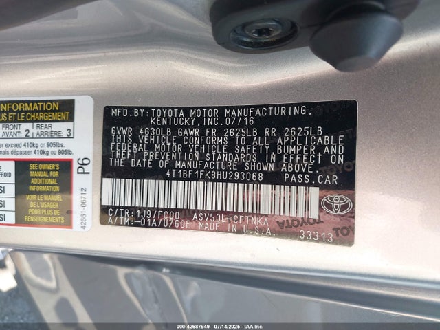 Toyota 2ar-fe 2017 4T1BF1FK8HU293068 Image 9