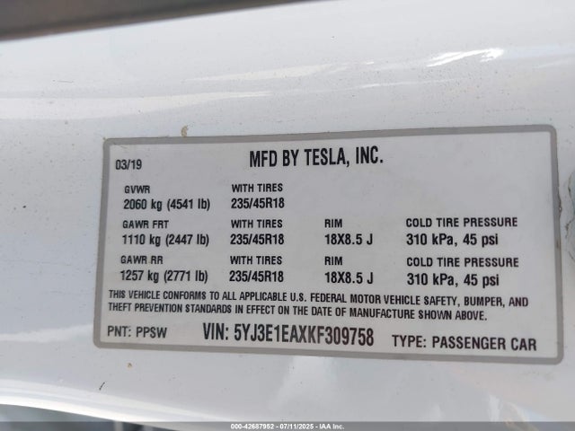 2019 TESLA MODEL 3 5YJ3E1EAXKF309758 Photo 8
