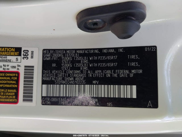 Toyota a25a-fxs, 5nm 2022 5TDYRKEC4NS102235 Image 9