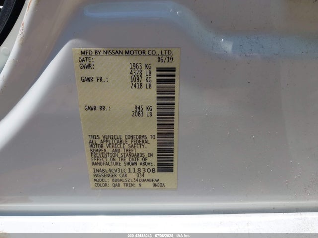 42688043 :رقم المزاد ، 1N4BL4CV3LC118308 vin ، 2020 Nissan Altima Sr Fwd مزاد بيع
