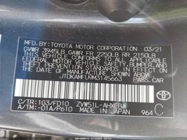 2021 TOYOTA PRIUS JTDKAMFU9M3145663 Photo 8
