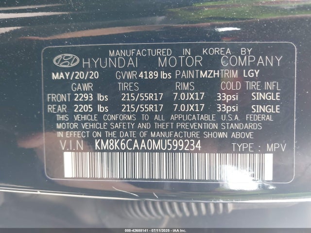 KM8K6CAA0MU599234 Hyundai mpi nu