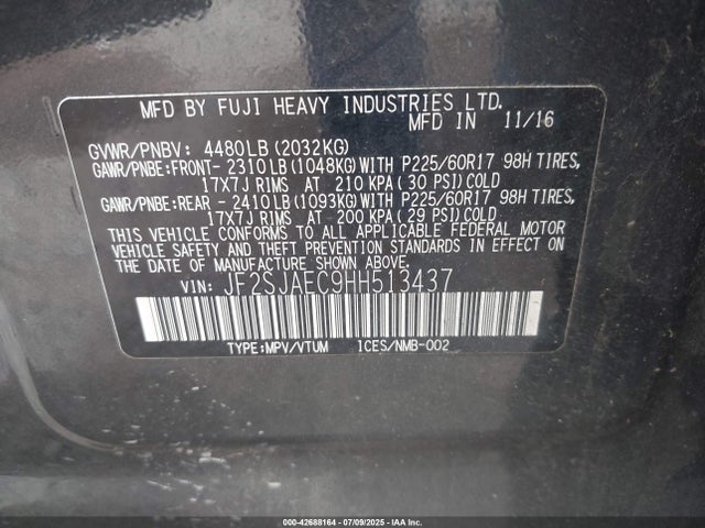 Subaru naturally aspirated u5 2017 JF2SJAEC9HH513437 Image 9