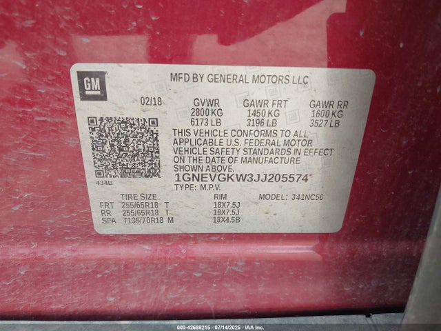 1GNEVGKW3JJ205574 Chevrolet lfy - spark ignited direct injection, atss, gen 1