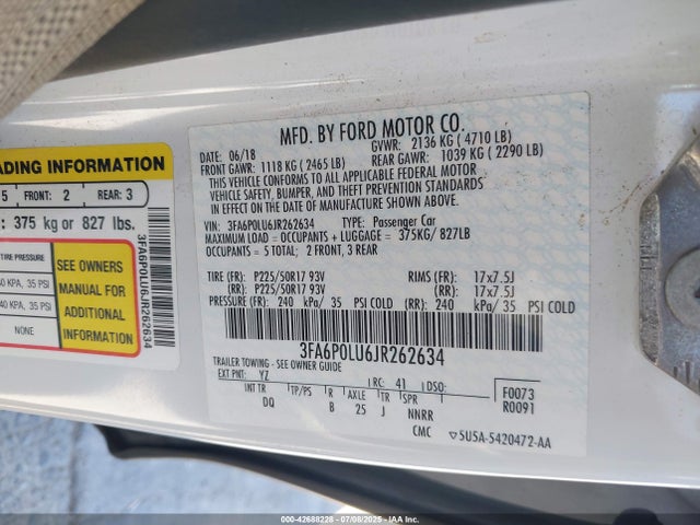 3FA6P0LU6JR262634 Ford 2.0l 4v atk hev