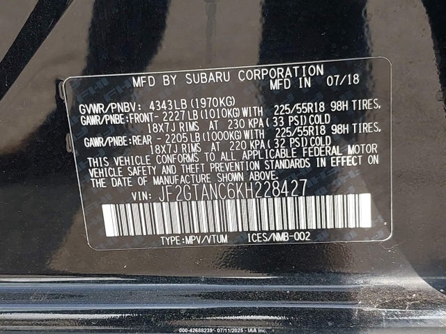 Subaru naturally aspirated 2019 JF2GTANC6KH228427 Image 9