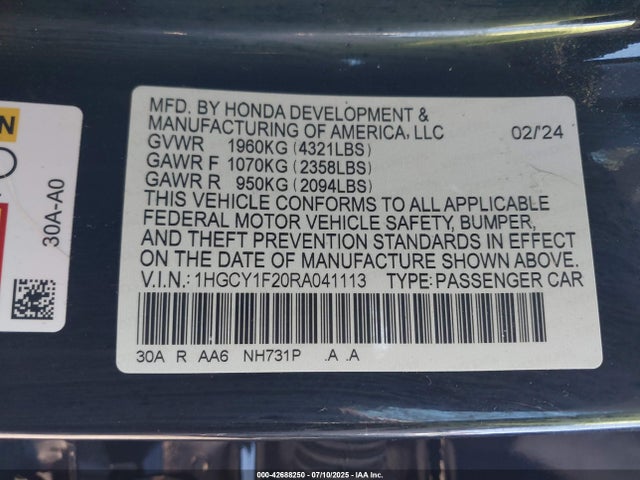 1HGCY1F20RA041113 Honda l15be