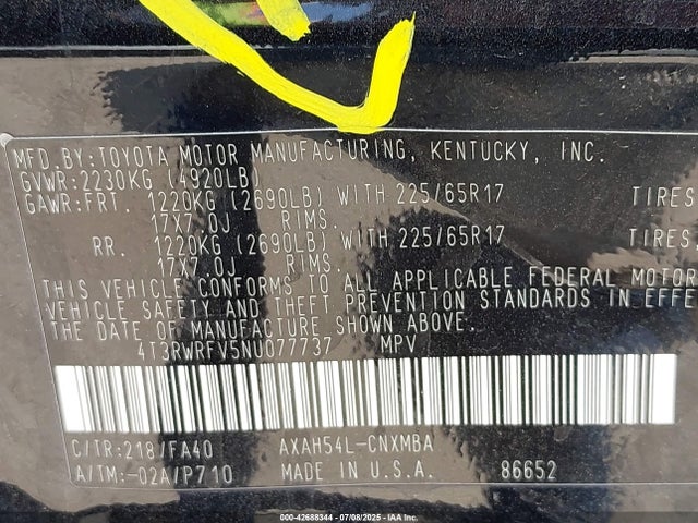 4T3RWRFV5NU077737 Toyota a25a-fxs, 3nm+4nm(ni)