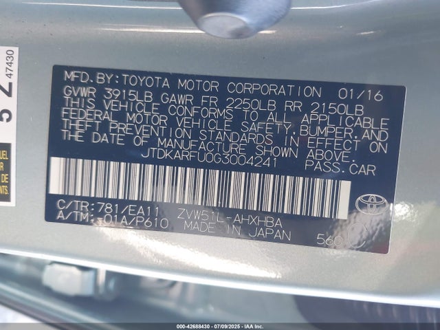 JTDKARFU0G3004241 Toyota 2zr-fxe,1nm