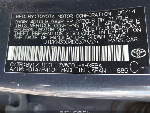Toyota 2zr-fxe+3jm 2014 JTDKN3DU4E0379326 Image 9