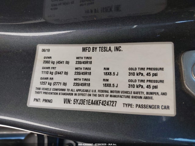 2019 TESLA MODEL 3 5YJ3E1EA4KF424727 Photo 8