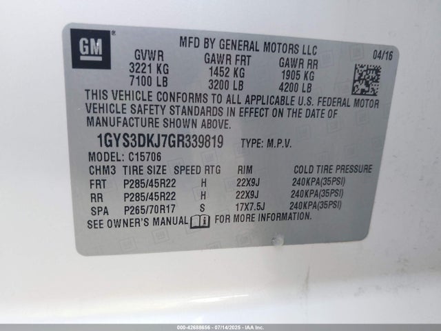 Aukcja sprzedaży 2016 Cadillac Escalade Platinum, vin: 1GYS3DKJ7GR339819, numer aukcji: 42688656