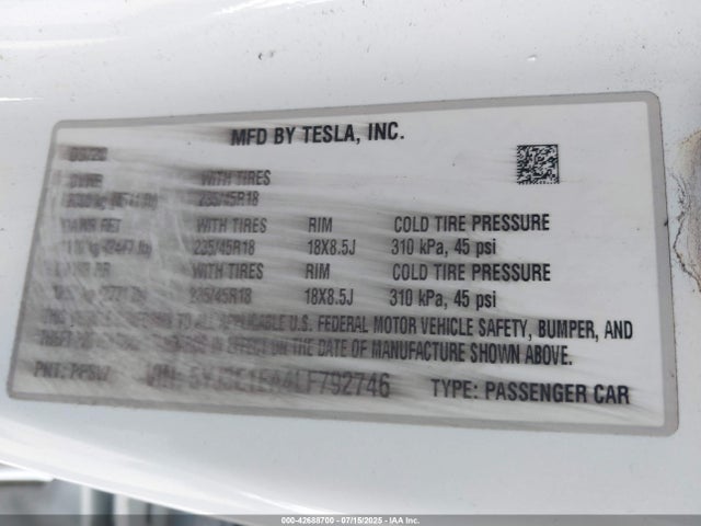 Tesla MODEL 3 2020 5YJ3E1EA4LF792746 Image 9