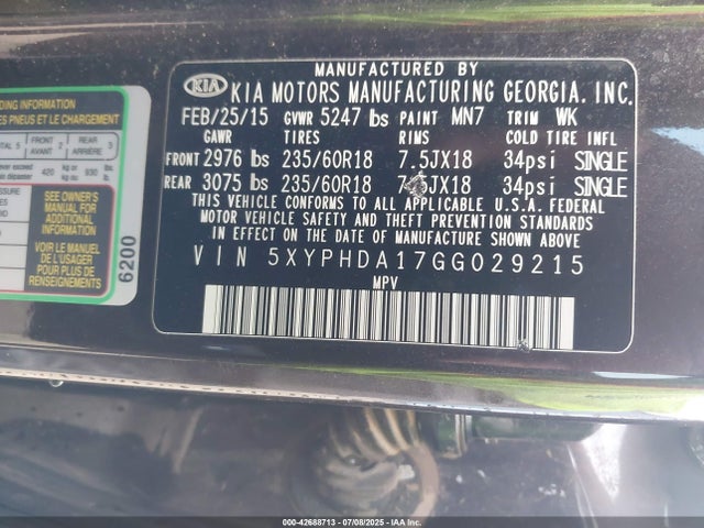 5XYPHDA17GG029215 KIA dohc t-gdi theta ii