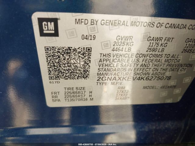 2019 CHEVROLET EQUINOX 2GNAXKEV4K6275078 Photo 8