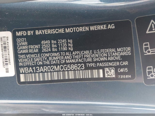BMW 2021 2021 WBA13AR02MCG58623 Image 9