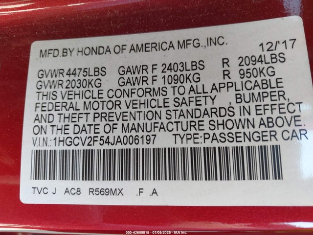 Honda k20c4 2018 1HGCV2F54JA006197 Image 9