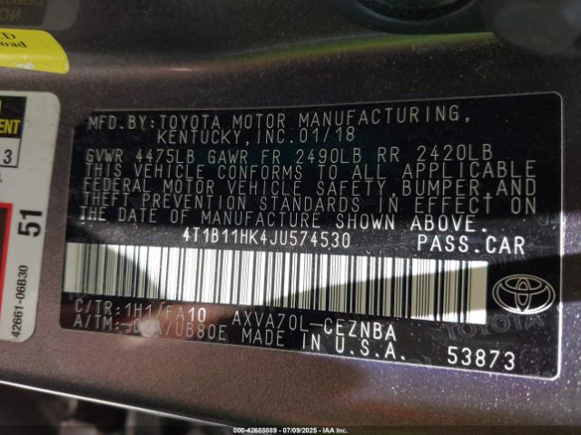 2018 TOYOTA CAMRY 4T1B11HK4JU574530 Photo 8