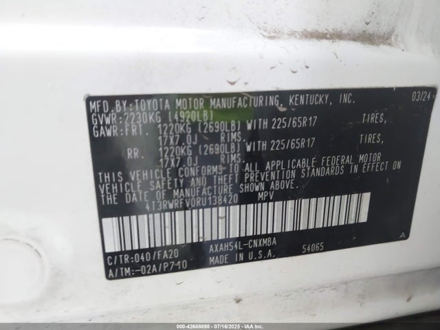 4T3RWRFV0RU138420 Toyota a25a-fxs
