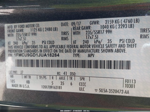 1FMCU9GD1JUA18284 Ford 1.5l gtdi sigma w/premium fuel